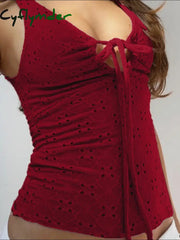 Cyflymder summer inspo Christmas Red Lace Up Cut Out Women’s Tanks Sleeveless Design V-Neck Backless Exquisite Blouses