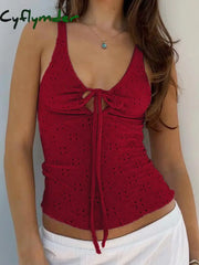 Cyflymder summer inspo Christmas Red Lace Up Cut Out Women’s Tanks Sleeveless Design V-Neck Backless Exquisite Blouses