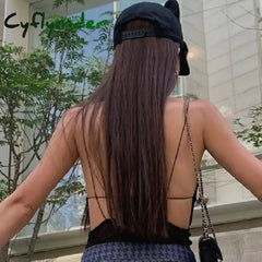 Cyflymder summer inspo Sexy Hollow Out Spaghetti Straps Bodysuit Gothic Mesh Sheer Patchwork Halter Bodysuits Evening