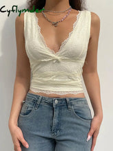 Cyflymder summer inspo Solid Sleeveless Two Layer Lace V Neck Slim Y2K Crop Top Women Cute Basic Summer Vest