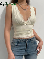 Cyflymder summer inspo Solid Sleeveless Two Layer Lace V Neck Slim Y2K Crop Top Women Cute Basic Summer Vest