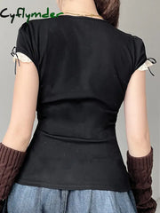 Cyflymder summer inspo Sweet Y2K Contrast Lace Patchwork Square Collar Black T-Shirt Women Short Sleeve Basic