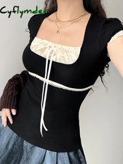 Cyflymder summer inspo Sweet Y2K Contrast Lace Patchwork Square Collar Black T-Shirt Women Short Sleeve Basic