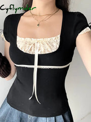 Cyflymder summer inspo Sweet Y2K Contrast Lace Patchwork Square Collar Black T-Shirt Women Short Sleeve Basic