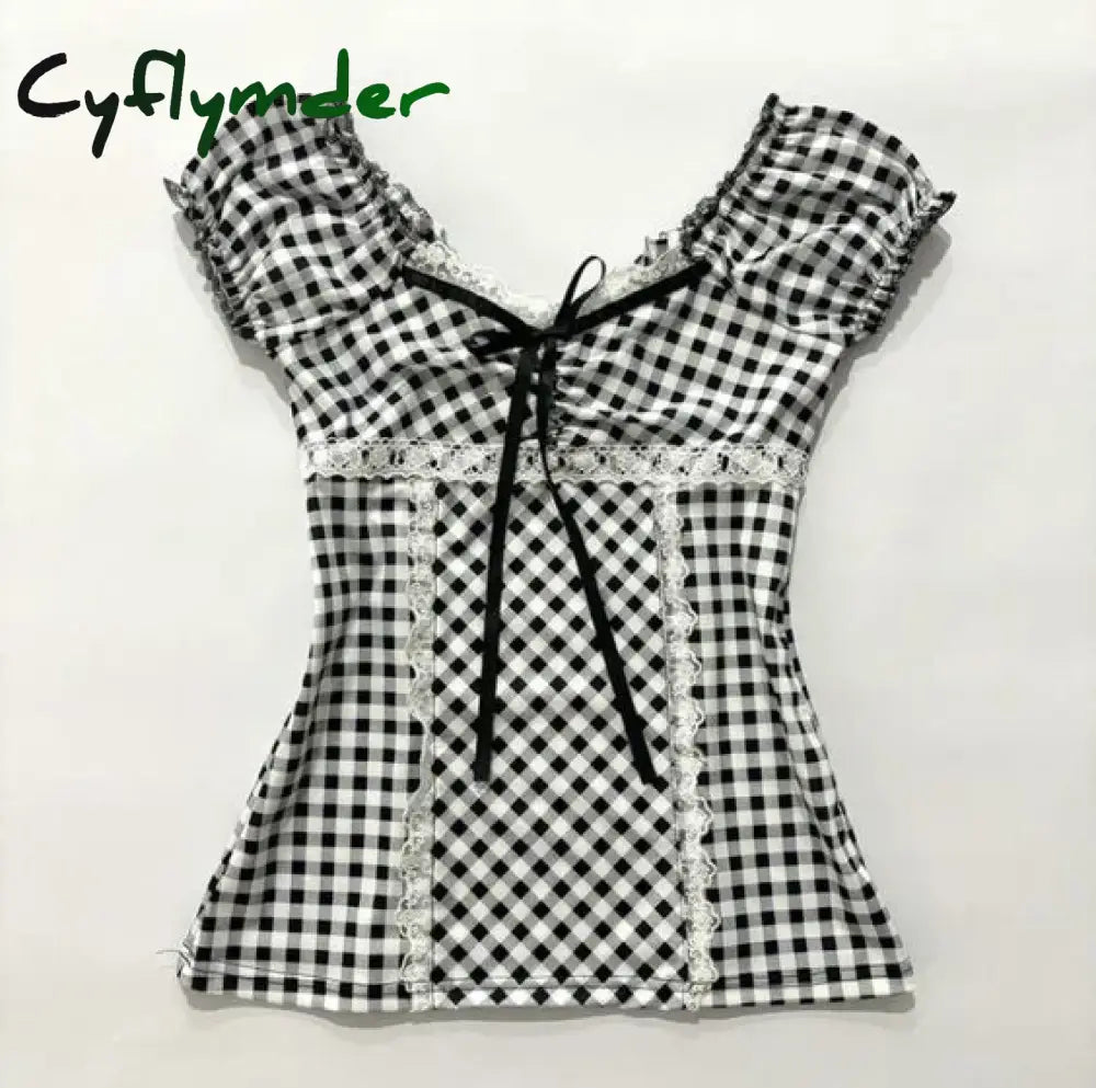 Cyflymder summer inspo T Shirts Y2k Clothes 2000s Lattice Casual Women Clothing Crop Tops Graphic T shirt Kpop Harajuku