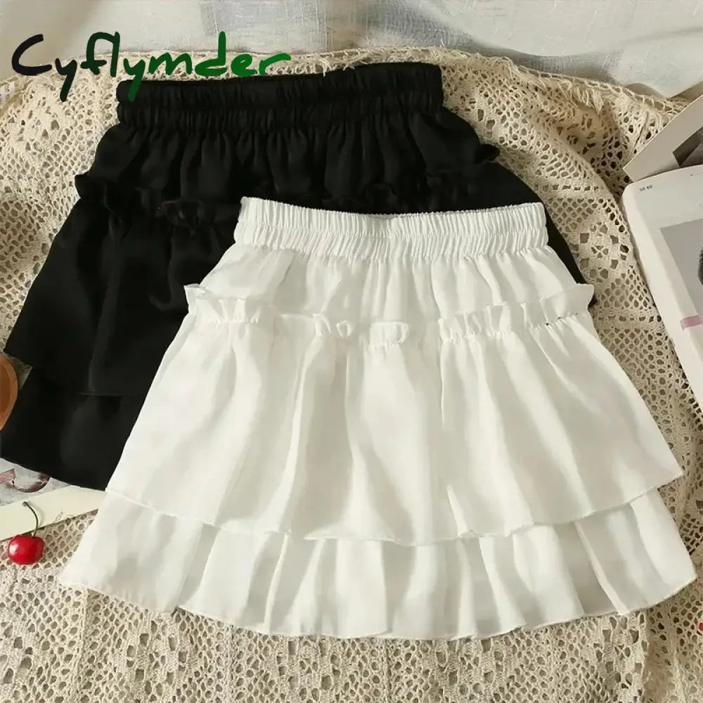 Cyflymder Summer Kawaii White Ruflles Skirt Women Fashion Slim Fit Chiffon Mini Skirts Giris Y2k All Match Elastic High