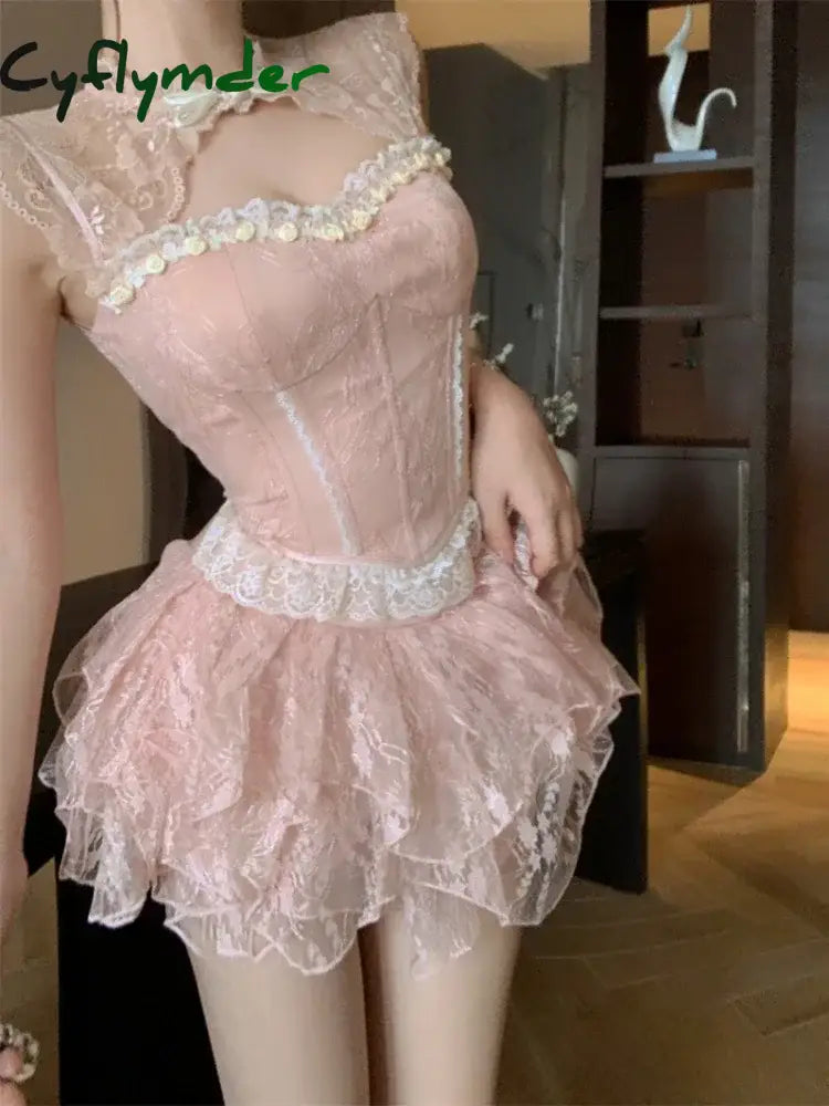 Cyflymder Summer Korean Vintage Skirt Suit Women Elegant Sweet Sexy Slim Bow Tops Casual Lace Mini Skirt Fashion Hot