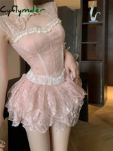 Cyflymder Summer Korean Vintage Skirt Suit Women Elegant Sweet Sexy Slim Bow Tops Casual Lace Mini Skirt Fashion Hot