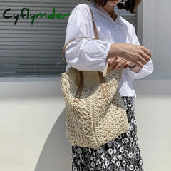 Cyflymder Summer Large Capacity Straw Woven Shoulder Bag Hollow Design Beach Bags Travel Casual
