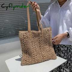 Cyflymder Summer Large Capacity Straw Woven Shoulder Bag Hollow Design Beach Bags Travel Casual