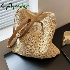 Cyflymder Summer Large Capacity Straw Woven Shoulder Bag Hollow Design Beach Bags Travel Casual