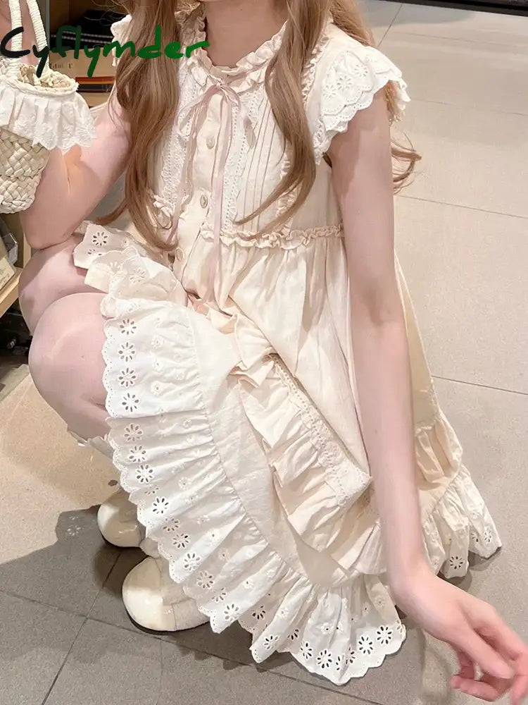 Summer Lolita Kawaii Mini Dresses Women Flying Sleeve Japanese Sweet Cute Dress Female Korean Style Ruched Fairy Party Dress