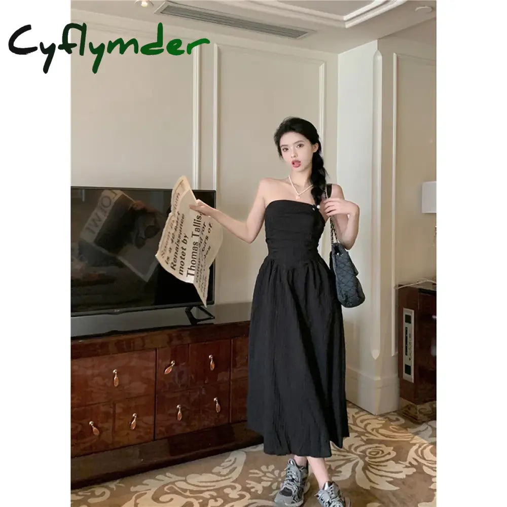 Summer Long Pleated Strapless Dress Backless Sleeveless High Waist Sexy Dress Women's Wrapped Chest Dresses Vestidos De Mujer