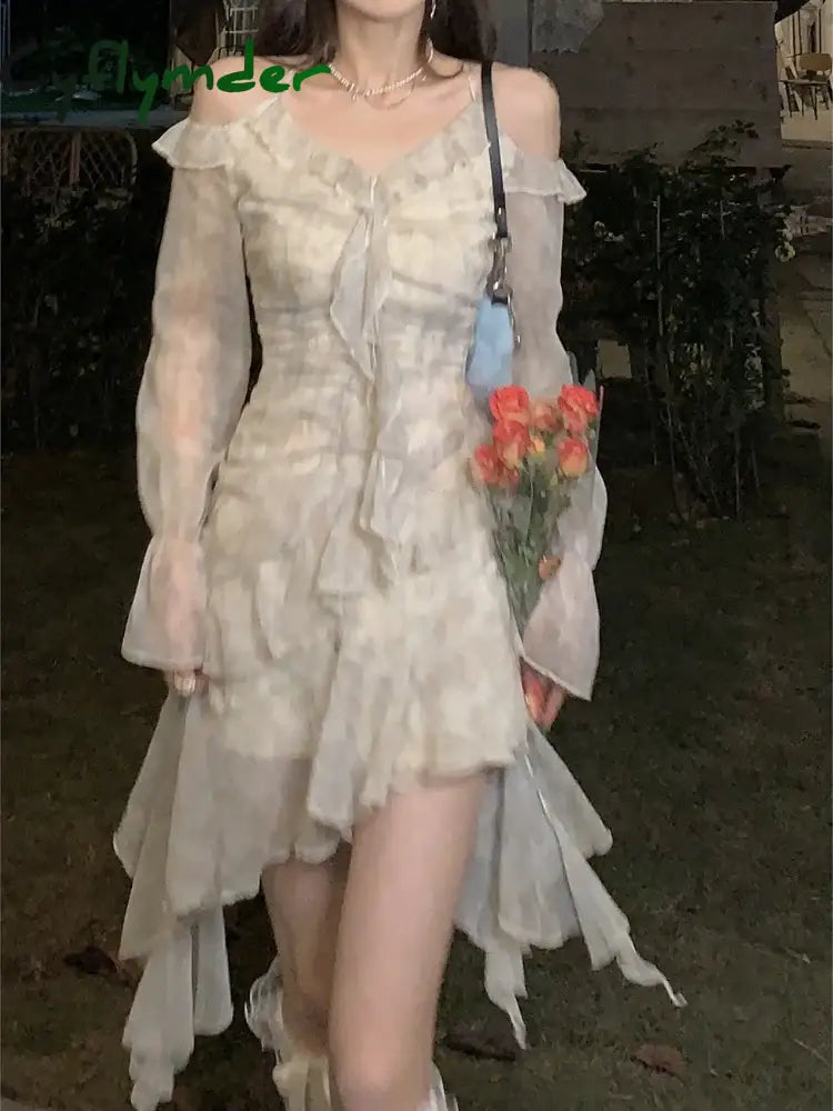 Cyflymder Summer Long Sleeve Floral Fairy Dress Woman Beach Elegant Party Mini Dresses Casual Vintage One Piece Dress