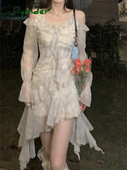 Cyflymder Summer Long Sleeve Floral Fairy Dress Woman Beach Elegant Party Mini Dresses Casual Vintage One Piece Dress