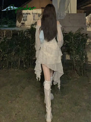 Cyflymder Summer Long Sleeve Floral Fairy Dress Woman Beach Elegant Party Mini Dresses Casual Vintage One Piece Dress