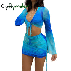 Cyflymder Summer Mesh Long Sleeve Crop Top Mini Skirts Two Piece Holiday Matching Set Print Fashion Outfits See Through