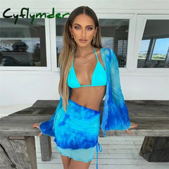 Cyflymder Summer Mesh Long Sleeve Crop Top Mini Skirts Two Piece Holiday Matching Set Print Fashion Outfits See Through