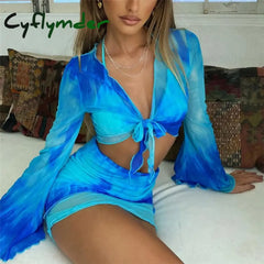 Cyflymder Summer Mesh Long Sleeve Crop Top Mini Skirts Two Piece Holiday Matching Set Print Fashion Outfits See Through