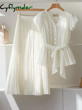 Cyflymder Summer New High-end Chiffon Shirt V-neck Slimming Blouses Pleated Skirts A-line Midi Skirt Set White Two