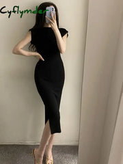 Cyflymder Summer New Short Sleeve Women Folds Casual Charm Slim Fit High Waist Split Long Christmas