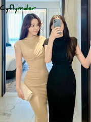 Summer New Short Sleeve Women Folds Casual Charm Slim Fit High Waist Split Long Christmas Dress Sexy Wrap Hip Gentle Solid W9YK