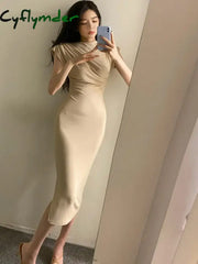 Cyflymder Summer New Short Sleeve Women Folds Casual Charm Slim Fit High Waist Split Long Christmas