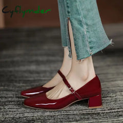 Cyflymder Summer New Square Head Solid Color Large Shallow Mouth Flat Button Strap Bright Leather Face Women’s High