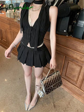 Summer New Two Piece Set Streetwear V-neck Lace Patchwork Striped Casual Camisole Women + High Waist Pleated A-line Skirt