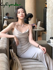 Cyflymder Summer New Women Elegant Spaghetti Strap Long Dress French Style Sexy Slim Prom Evening