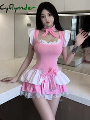 Cyflymder Summer New Women’s Sexy Sweet Princess Uniform Backless Low-Cut Flying Sleeve Bow Lace