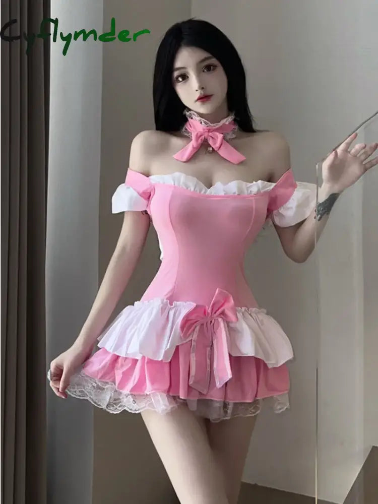 Summer New Women's Sexy Sweet Princess Uniform backless low-cut Flying sleeve Bow Lace Edge Pink White Contrast Dress