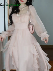 Cyflymder Summer Pink Chiffon Vintage Fairy Dress Women Korean Style Elegant Party Midi Dress Female Court Retro Flare
