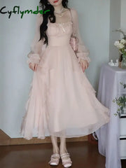 Cyflymder Summer Pink Chiffon Vintage Fairy Dress Women Korean Style Elegant Party Midi Dress Female Court Retro Flare