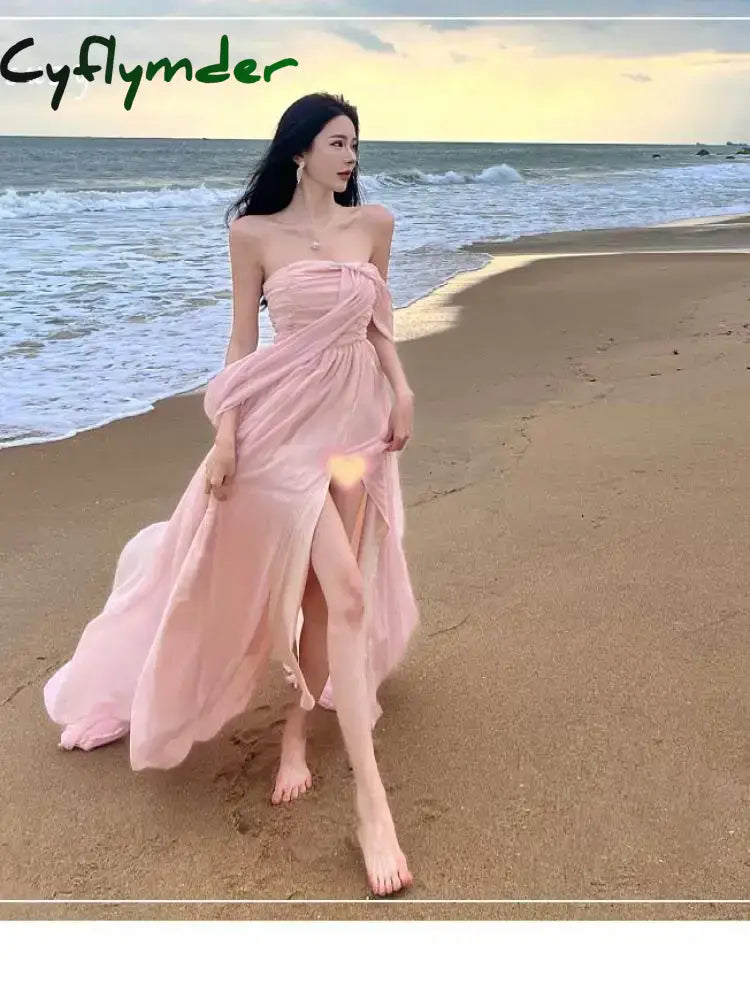 Summer Pink Elegant Pleated High Waist Split Long Dress Women Fashion Backless Halter Strapless Fairy Dress Female 2024 Vestido
