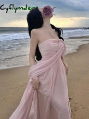 Cyflymder Summer Pink Elegant Pleated High Waist Split Long Dress Women Fashion Backless Halter