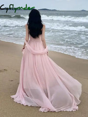 Cyflymder Summer Pink Elegant Pleated High Waist Split Long Dress Women Fashion Backless Halter