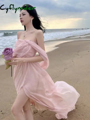 Cyflymder Summer Pink Elegant Pleated High Waist Split Long Dress Women Fashion Backless Halter