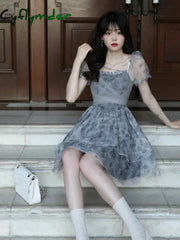 Cyflymder Summer Pink Kawaii Lolita Dress Women Mini Puff Sleeve Beach Casual Elegant Fairy Print