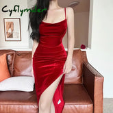 Cyflymder Summer Retro Showcase White Red Split Strap Dress Elegant Slim Fit Celebrity Style Mid length Dress