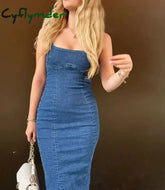 Cyflymder Summer Retro Women’s Denim Dress Fashion Corset Sleeveless Back Zipper Slim Slit Midi