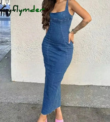 Cyflymder Summer Retro Women’s Denim Dress Fashion Corset Sleeveless Back Zipper Slim Slit Midi