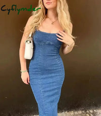Cyflymder Summer Retro Women’s Denim Dress Fashion Corset Sleeveless Back Zipper Slim Slit Midi