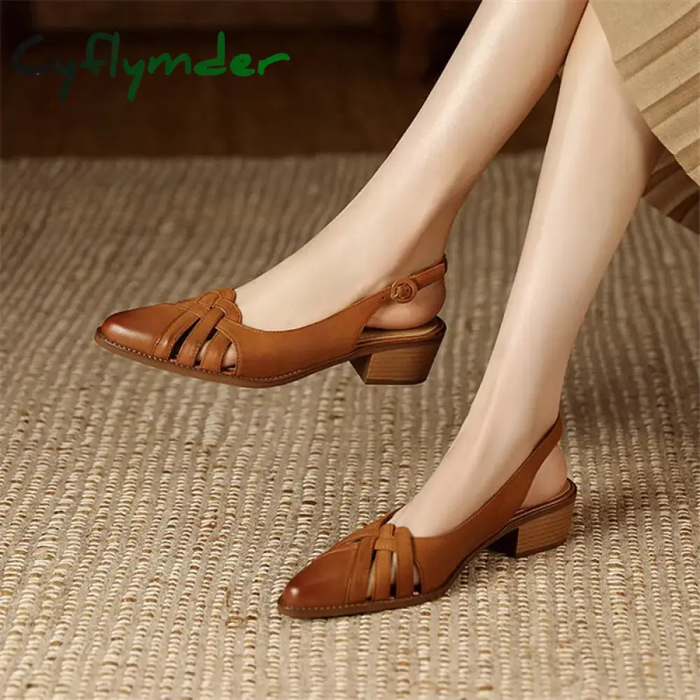 Cyflymder Summer Sandals Genuine Leather Sandals Casual French Retro Pointed Toe Hollow Out GLADIATOR Sheepskin Sandals