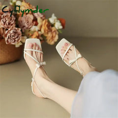 Cyflymder Summer Sandals Women Split Leather Shoes Square Toe High Heels Bow Gladiator For Handmade