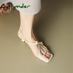 Cyflymder Summer Sandals Women Split Leather Shoes Square Toe High Heels Bow Gladiator For Handmade
