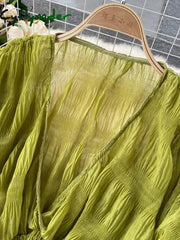 Cyflymder Summer Sexy Draped Chiffon Blouse For Women Elegant V-Neck Puff Long Sleeve Short Tops Female Slim Party