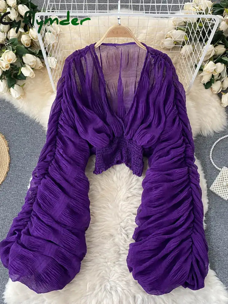 Cyflymder Summer Sexy Draped Chiffon Blouse For Women Elegant V-Neck Puff Long Sleeve Short Tops Female Slim Party