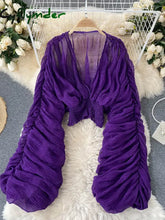 Cyflymder Summer Sexy Draped Chiffon Blouse For Women Elegant V-Neck Puff Long Sleeve Short Tops Female Slim Party