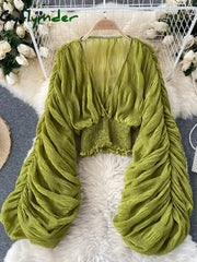 Cyflymder Summer Sexy Draped Chiffon Blouse For Women Elegant V-Neck Puff Long Sleeve Short Tops Female Slim Party